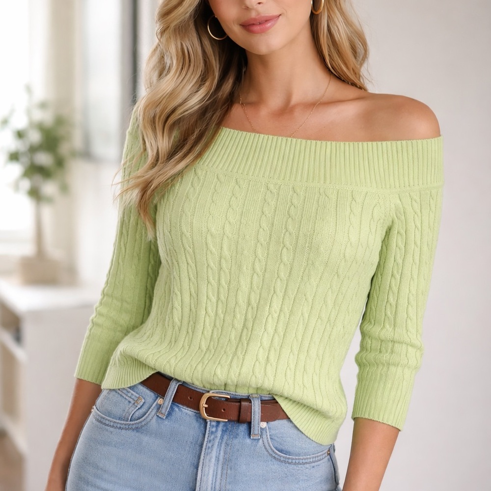 Vintage 90s Bill Blass Green Cable Knit Off Shoulder Top 100% Cotton Large